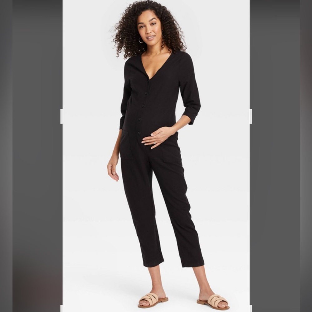 The Nines by HATCH™ 3/4 Sleeve Button-Front Cropped Maternity Jumpsuit Sz